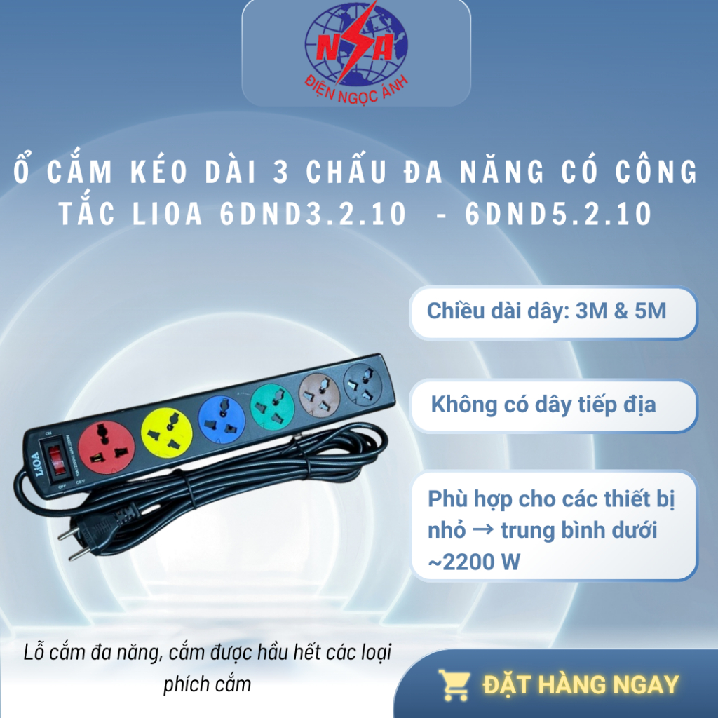 Ổ CẮM KÉO DÀI 3 CHẤU ĐA NĂNG CÓ CÔNG TẮC LIOA 6DND3.2.10  - 6DND5.2.10
