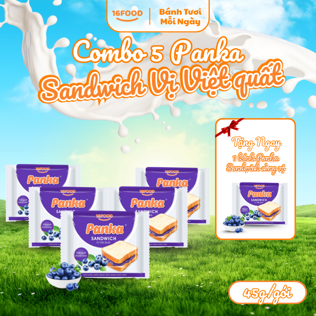 [ Combo 5 Tặng 1 Cùng Loại ] Bánh Panka Sandwich Nhân Việt Quất 45g/gói - Bữa Sáng, Bữa Phụ | 16FOOD