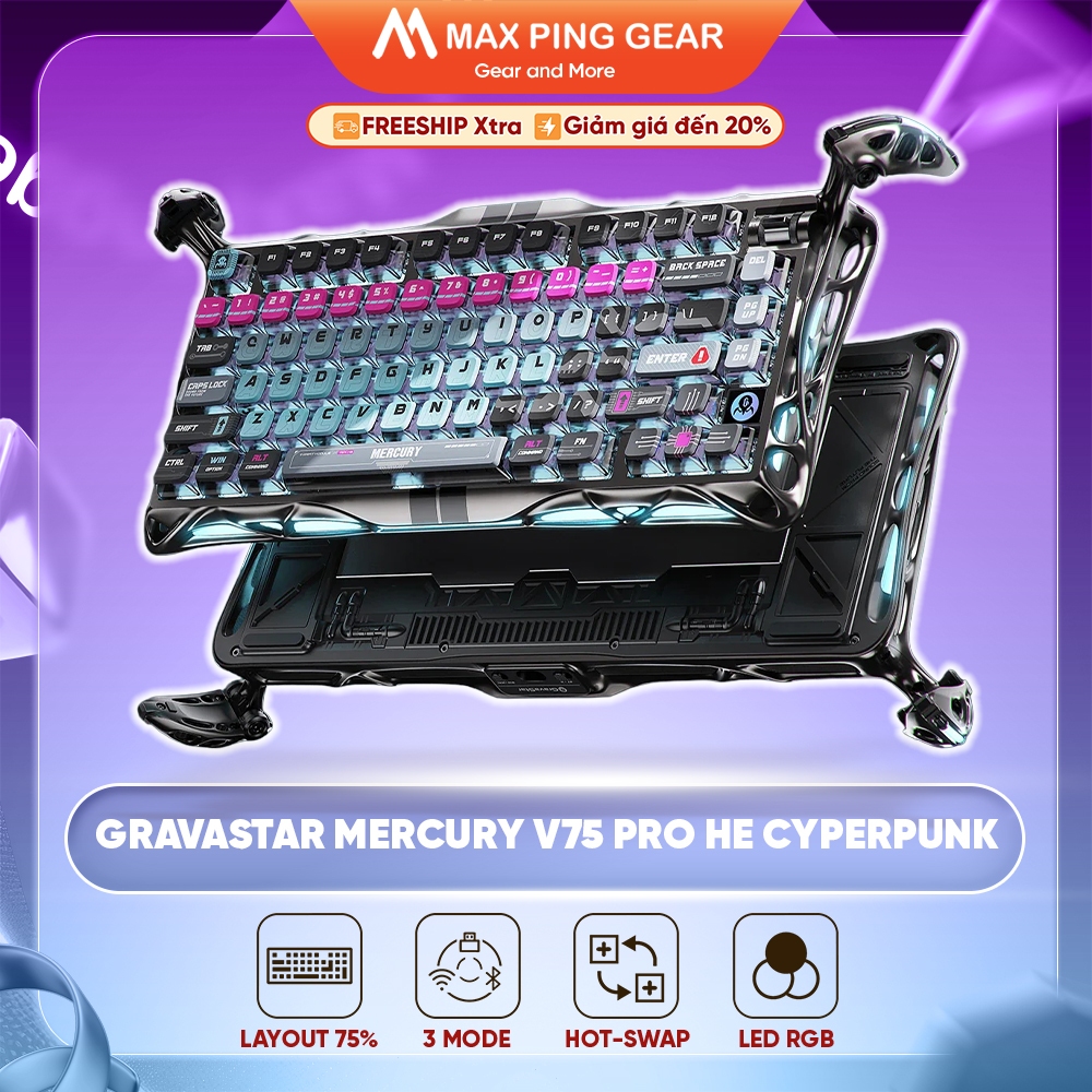 [HỎA TỐC] Bàn phím cơ Gaming Gravastar Mercury V75 PRO HE Cyperpunk - Maxpinggear