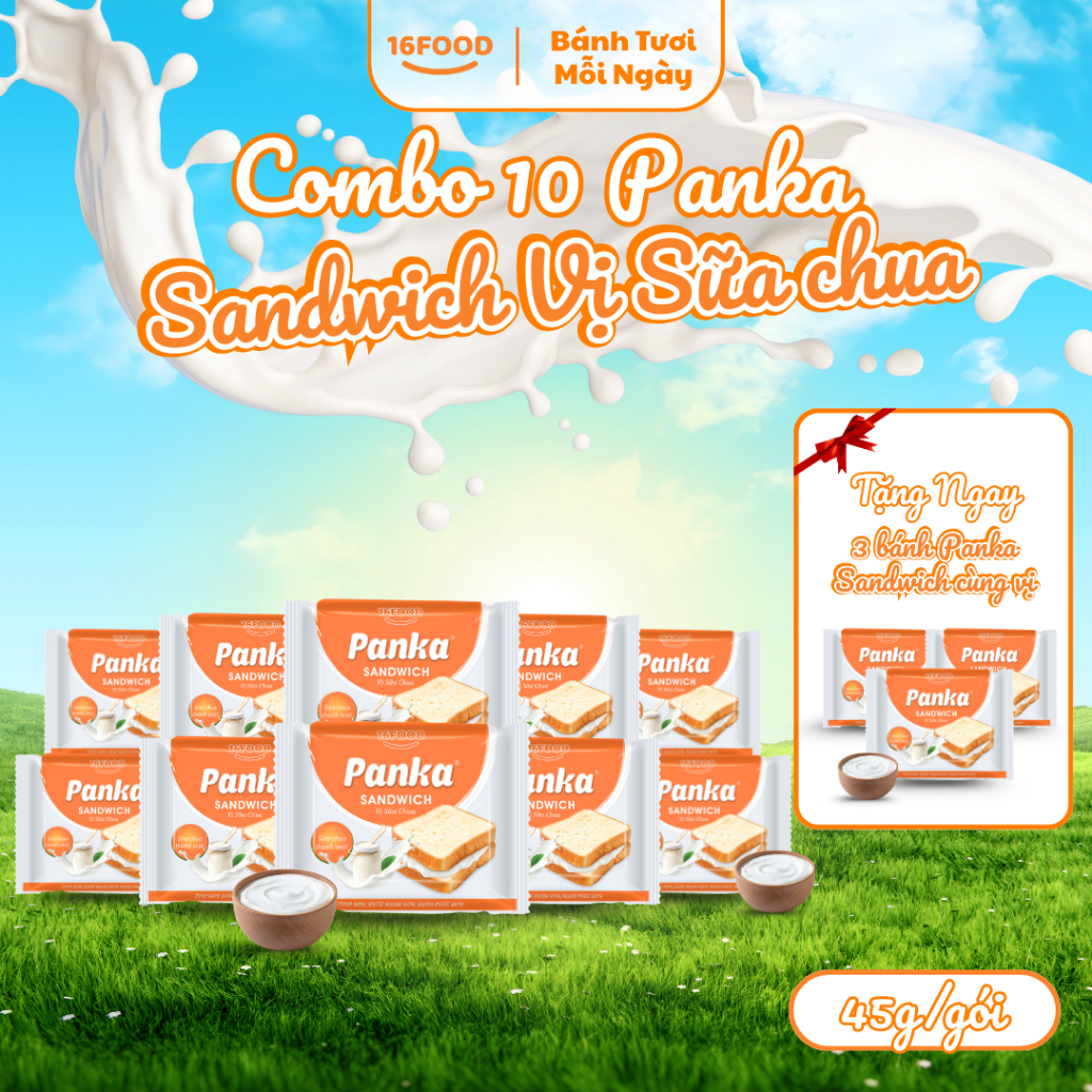 [ Combo 10 Tặng 3 Cùng Loại ] Bánh Panka Sandwich Nhân Sữa Chua 45g/gói - Bữa Sáng, Bữa Phụ | 16FOOD