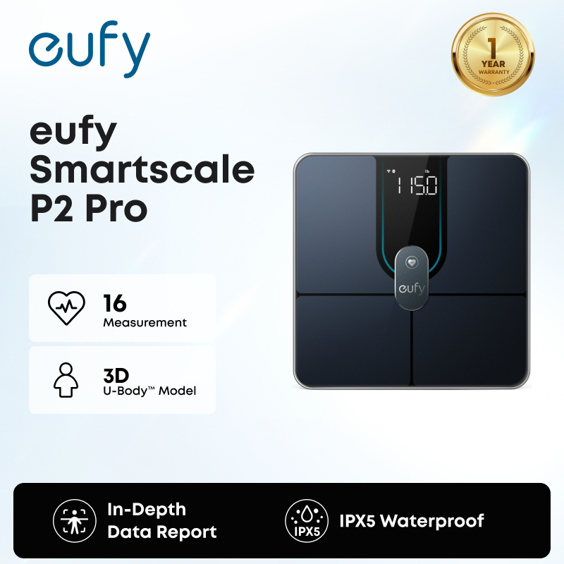 eufy Smart Scale P2 Pro, Cân Sức Khỏe Thông Minh Wi-Fi Bluetooth, 16 Chỉ Số: Cân Nặng, Nhịp Tim, Mỡ 