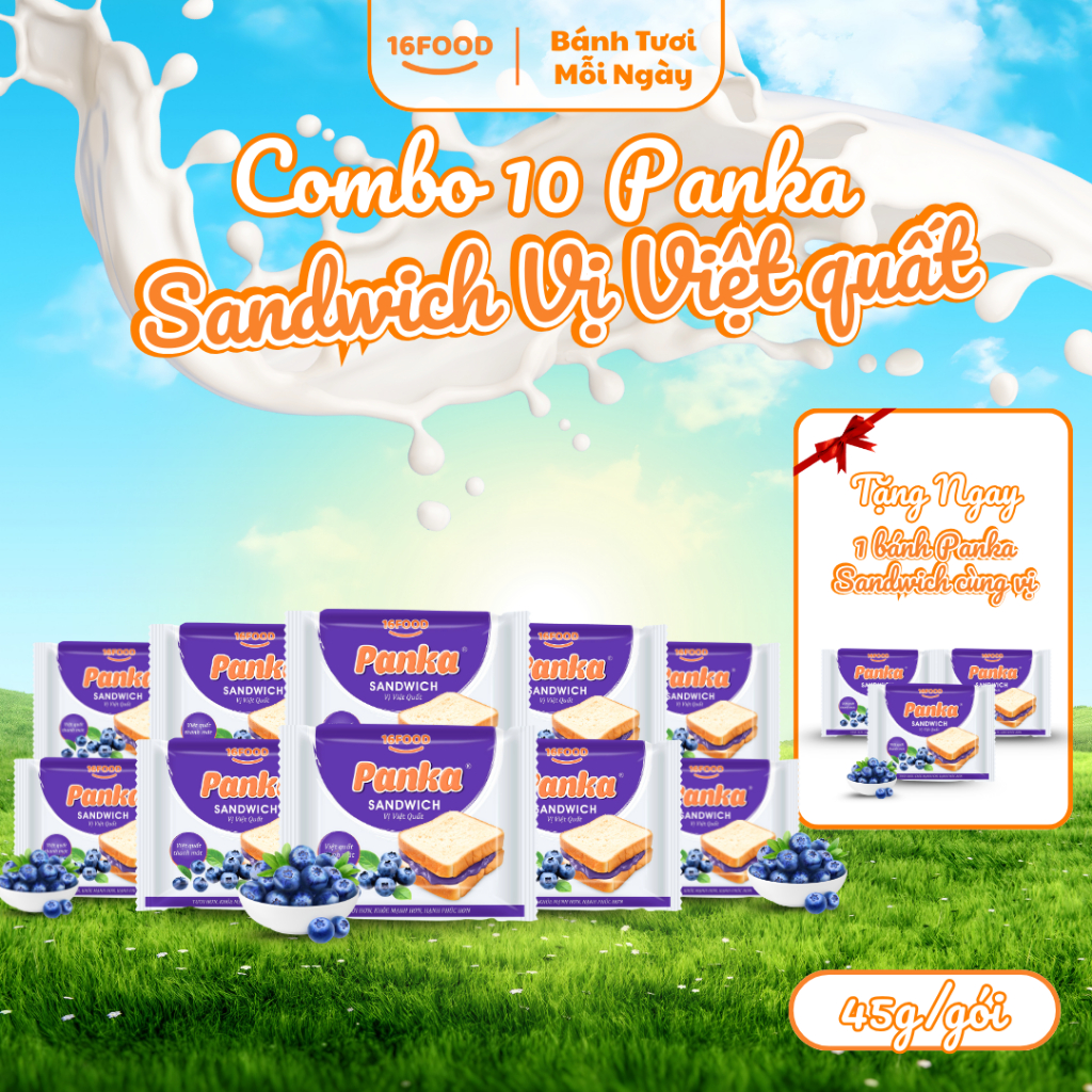 [ Combo 10 Tặng 3 Cùng Loại ] Bánh Panka Sandwich Nhân Việt Quất 45g/gói - Bữa Sáng,Bữa Phụ | 16FOOD