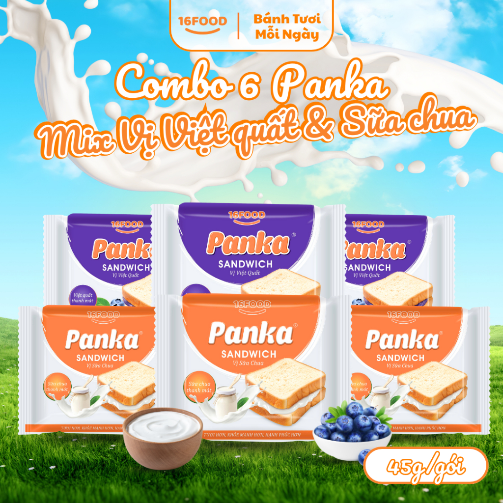 [ Combo 6 Mix 2 Vị Việt Quất - Sữa Chua ] Bánh Panka Sandwich 45/gói - Bữa Sáng, Bữa Phụ | 16FOOD