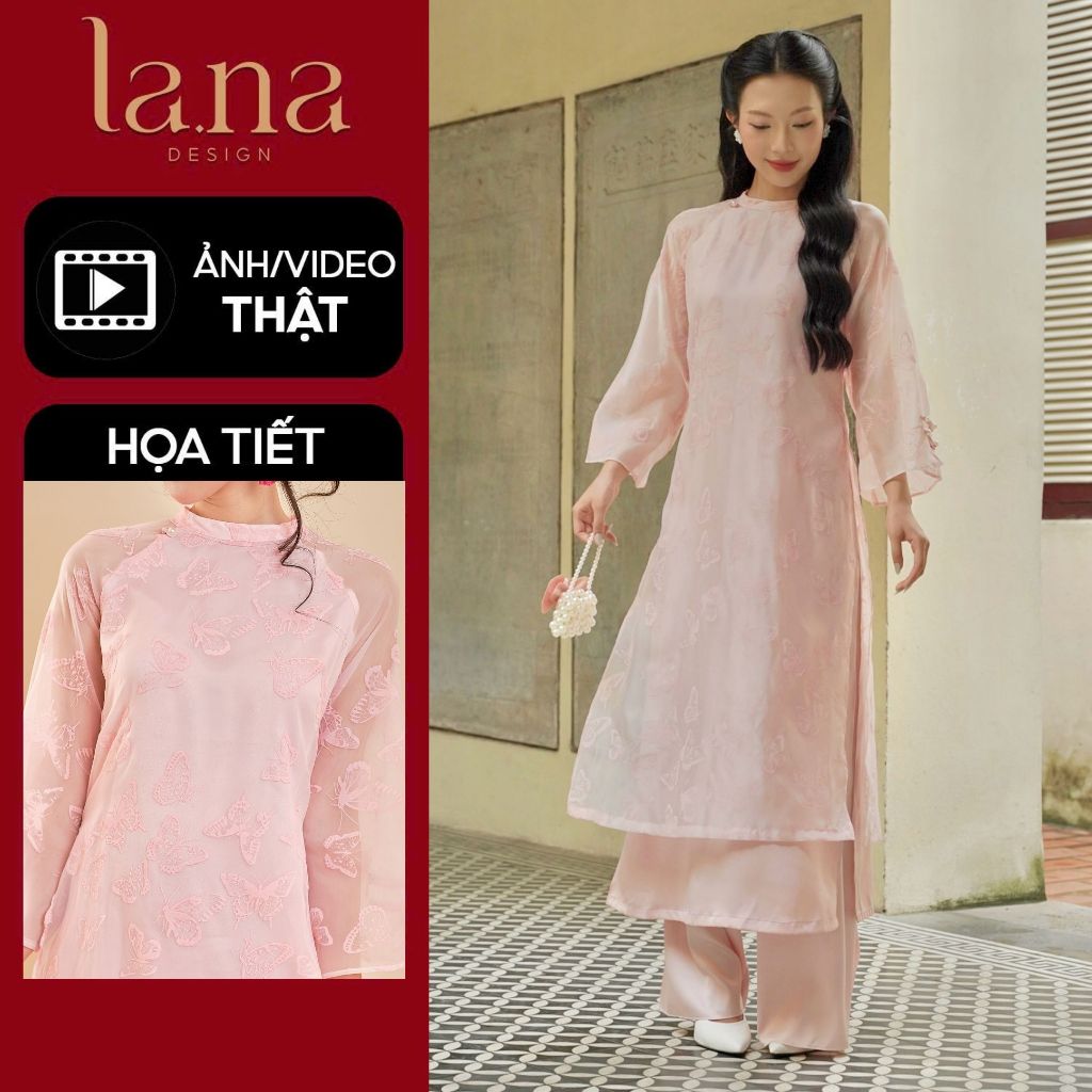  Áo dài Hồng Điệp chất liệu vải tơ tằm phối lụa ngọc trai cao cấp mềm mại áo dài thiết kế La.na - SD005-Tết 