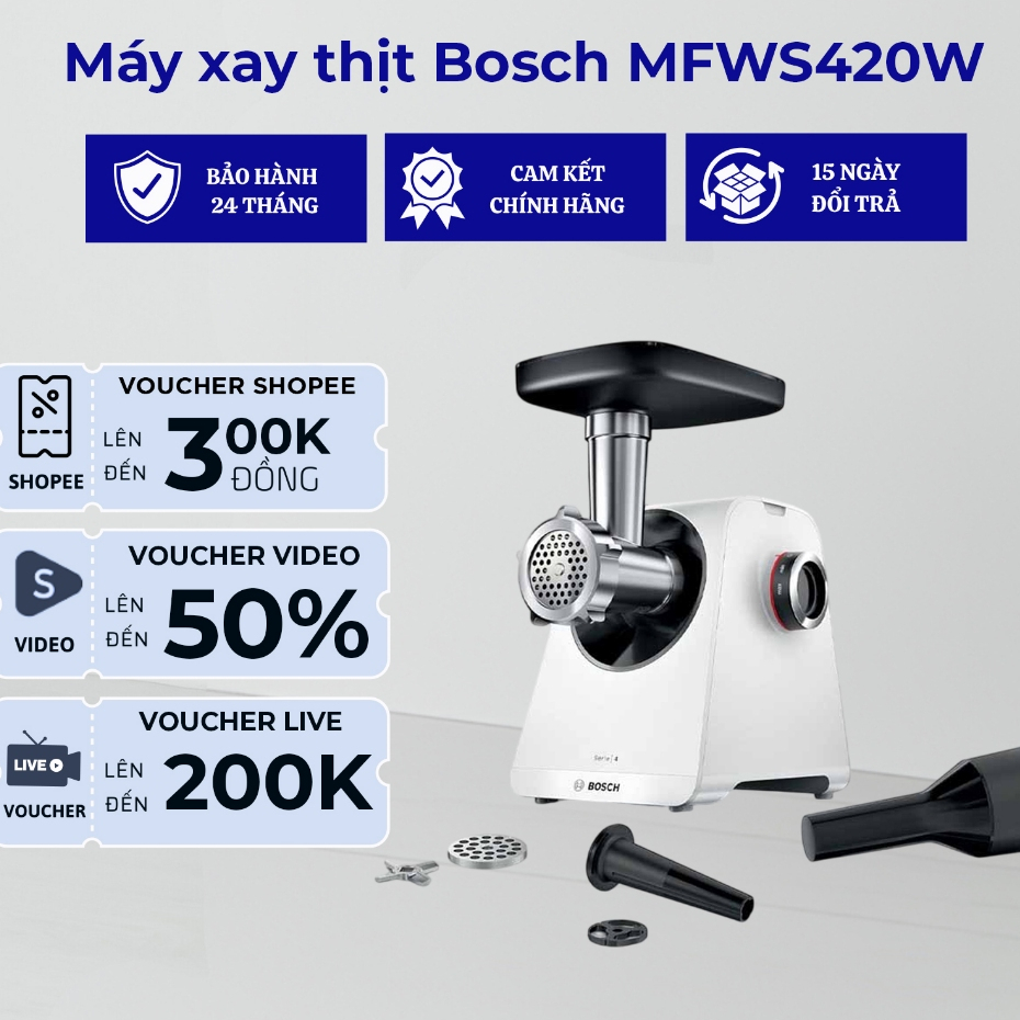 Máy xay thịt Bosch MFWS420W - Công suất 1900W, Bảo hành chính hãng 2 năm