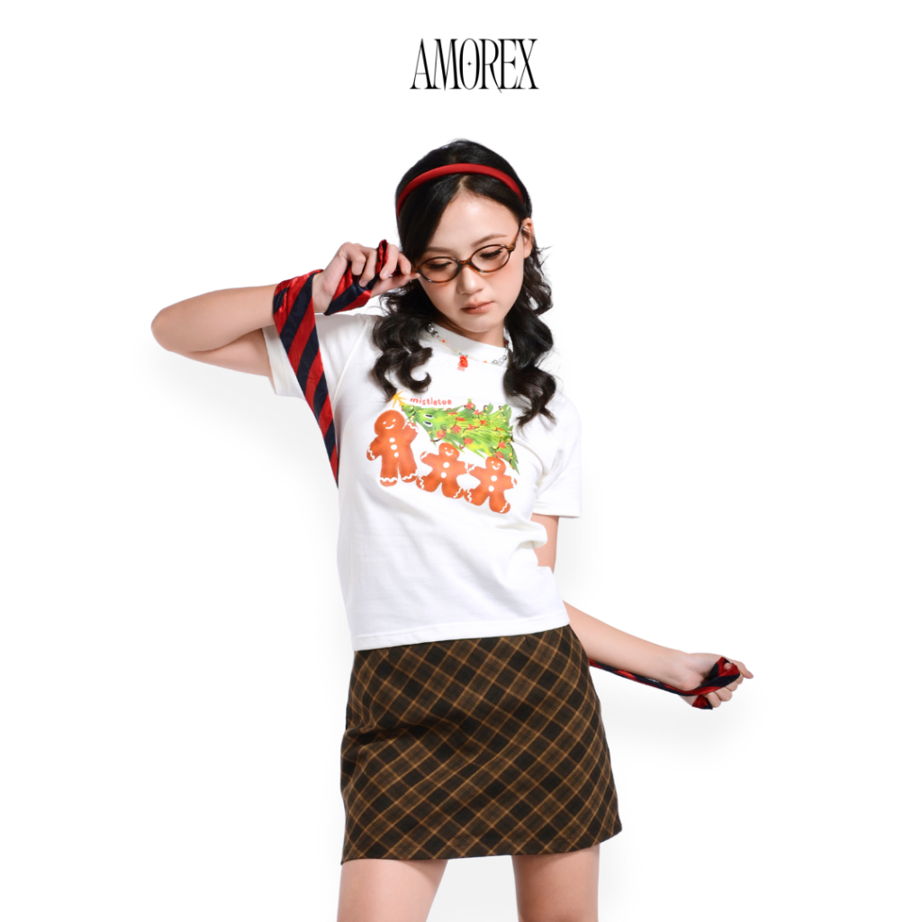 Áo Thun Baby Tee AMOREX - Xmas Elements Christmas Tree Cổ Tròn Màu Trắng/Đen