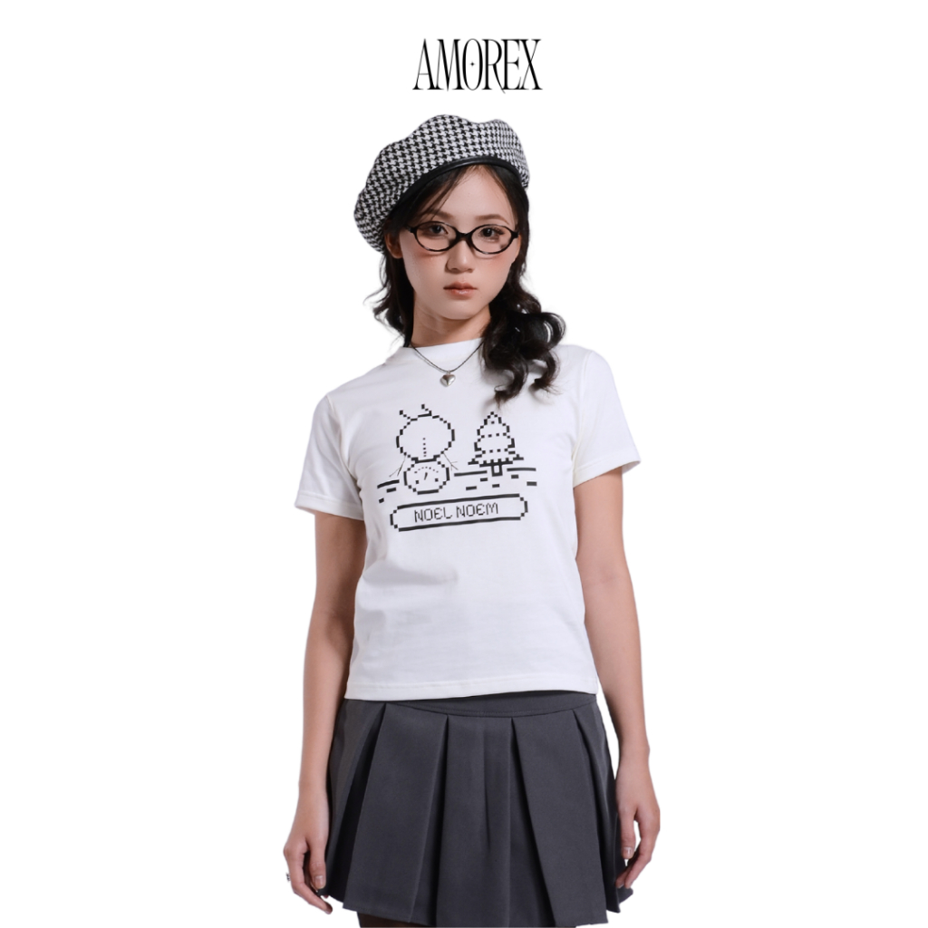 Áo Thun Baby Tee AMOREX - Xmas Elements Noel Noem Cổ Tròn Màu Trắng/Đen