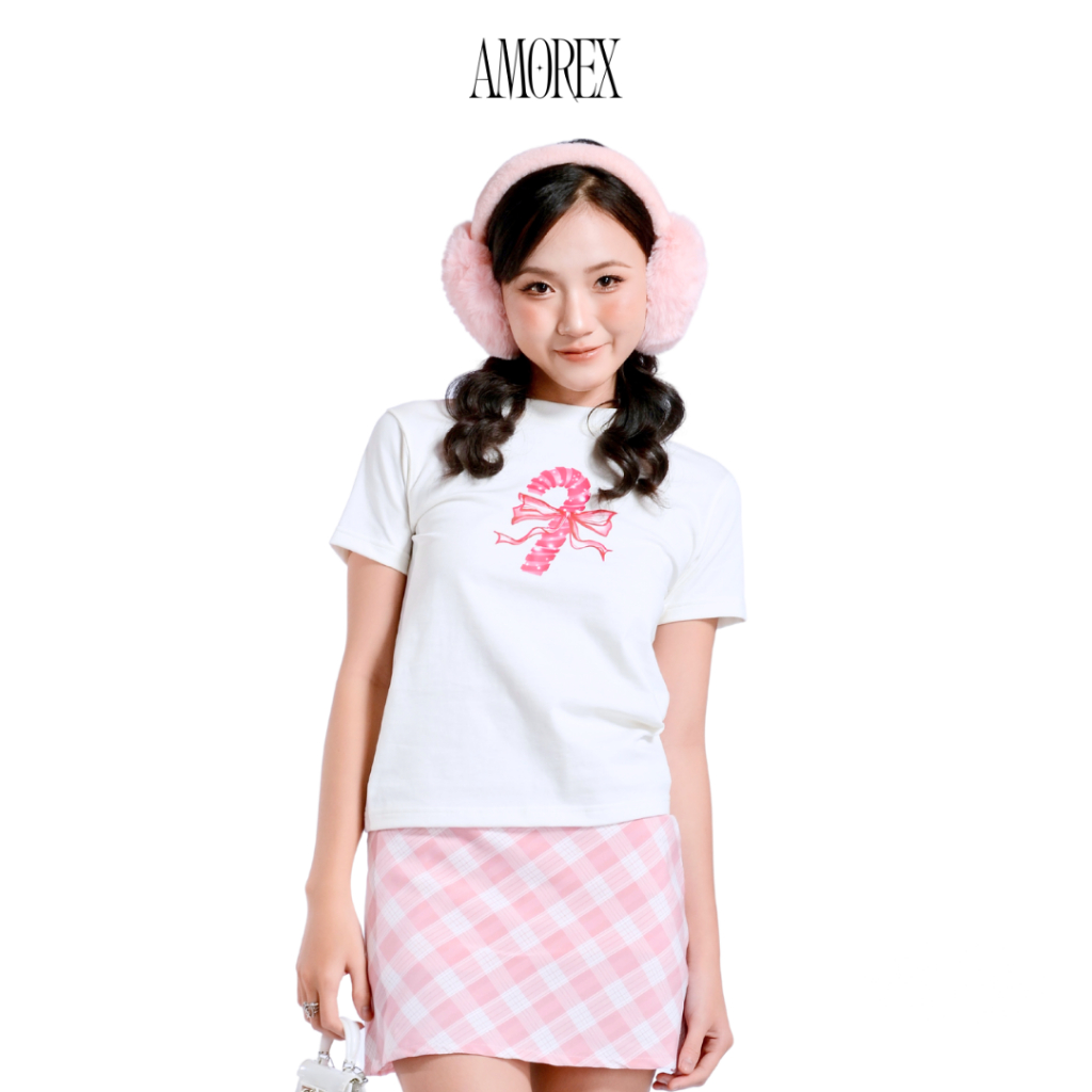 Áo Baby Tee AMOREX - Xmas Elements Candy Cane Cổ Tròn Màu Trắng/Đen