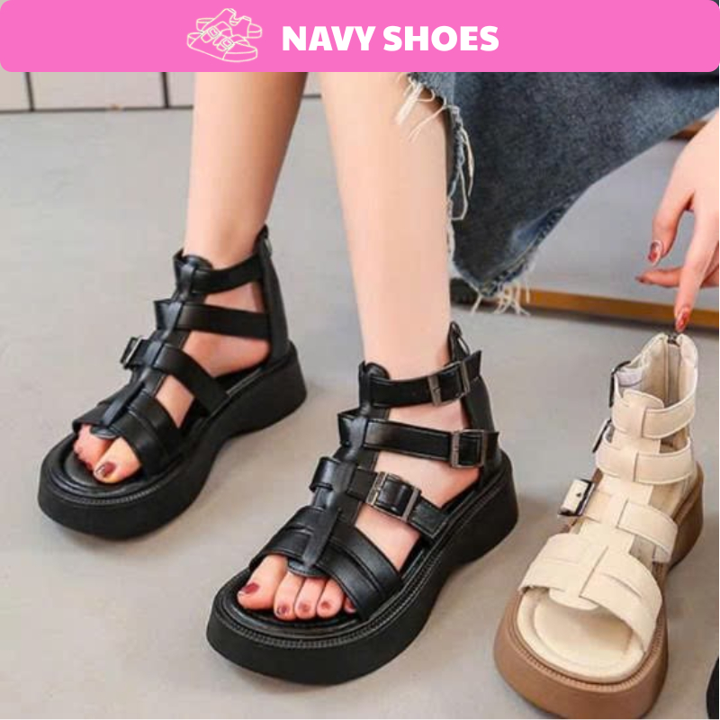 [NEW-VIDEO THẬT] GIÀY SANDANL NỮ ATHENA cổ cao kéo khóa sau Hàn Quốc quai hậu Màu Đen/Kem Style Cá T