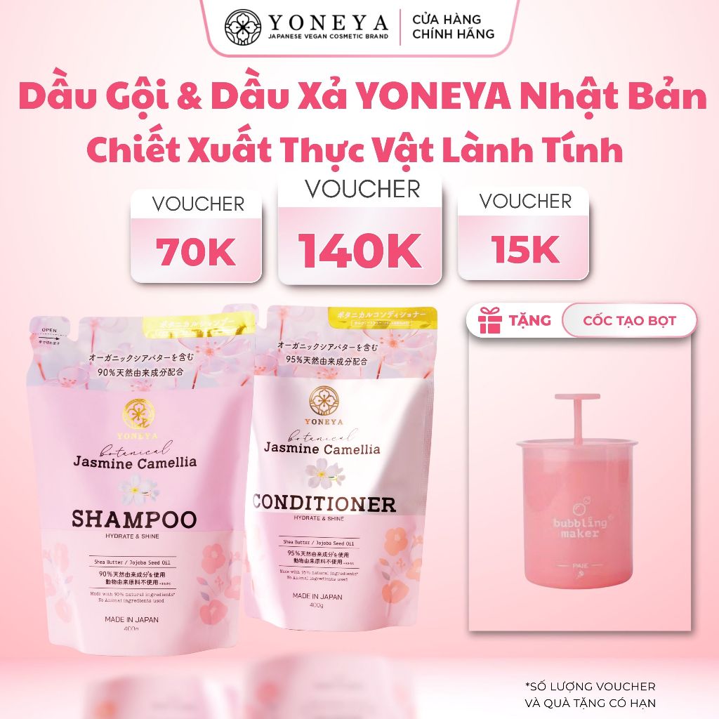 Gội Xả Yoneya Thuần Chay Jasmine Camellia Hydrate & Shine Hữu Cơ và Phục Hồi Hư Tổn 400g
