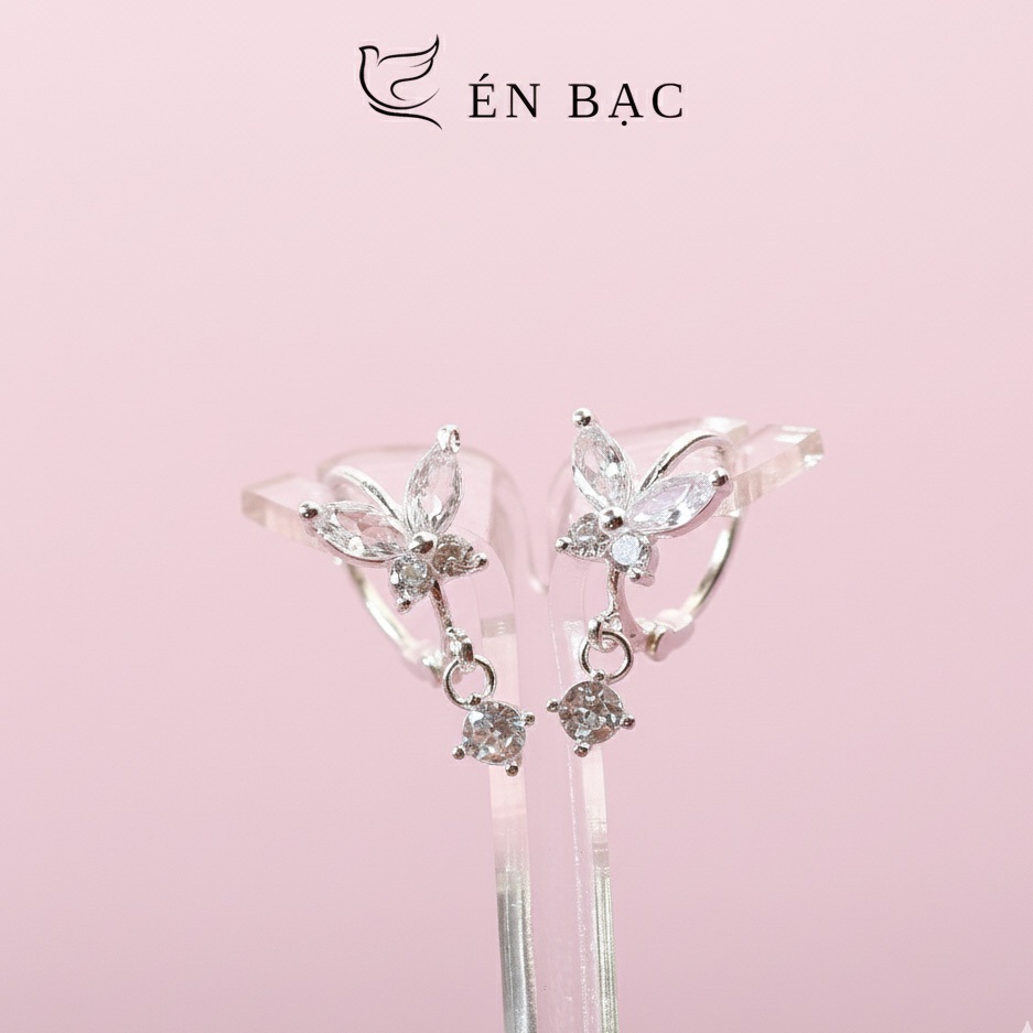 Khuyên tai bạc tròn đính đá, Hoa tai bạc hồ điệp, Bông tai bạc nữ gắn đá Én Bạc- CAM KẾT CHUẨN BẠC T