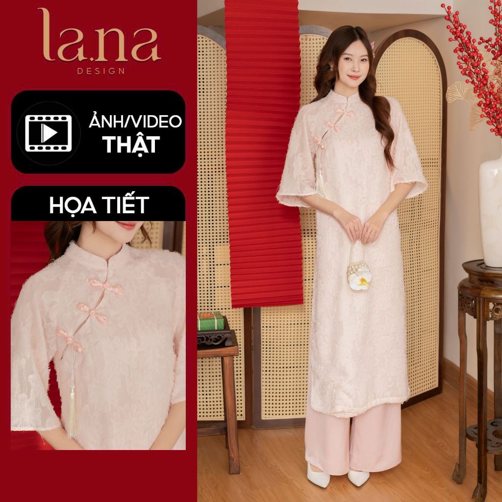  Set áo dài Tết thiết kế Lana Châu Sa chất áo tơ lông mềm phối lụa ngọc trai cùng họa tiết nơ nổi bật-SD011 