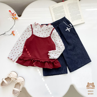   COCANDY  -Set áo dài ĐỎ yếm hoa nhí cổ viền bèo và quần dài denim XANH E0031,Q3171,Q4201,Q4381 