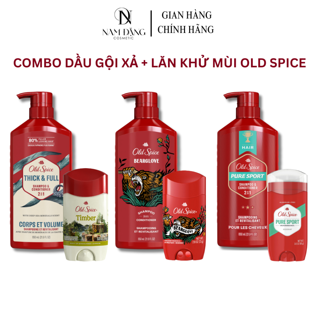 Combo Old Spice Dầu gội & Lăn khử mùi Old Spice hương Timber,Thick&Full / Bearglove / Pure Sport