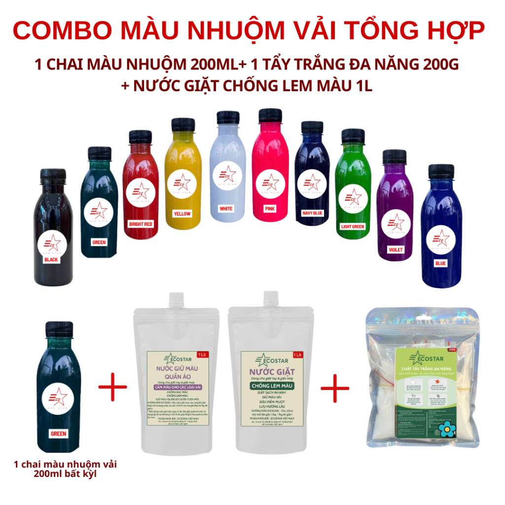 Combo: Màu Nhuộm Vải Ecostar, Tặng, Tẩy Trắng Đa Năng 200g, Nước Giặt Chống Lem 1L, Nước giữ màu quầ