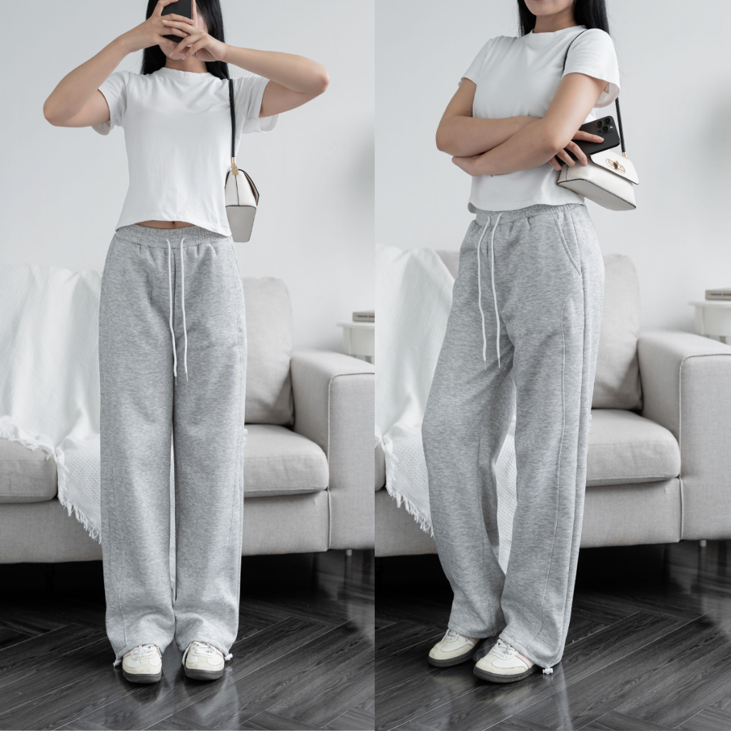 Quần Ống Rộng Nỉ 2 Da Ép Mịn Chun Co Dãn Dày Dặn, Quần Nữ Form Rộng Nỉ Bông Mặc Thu Đông | BigBuy360 - bigbuy360.vn