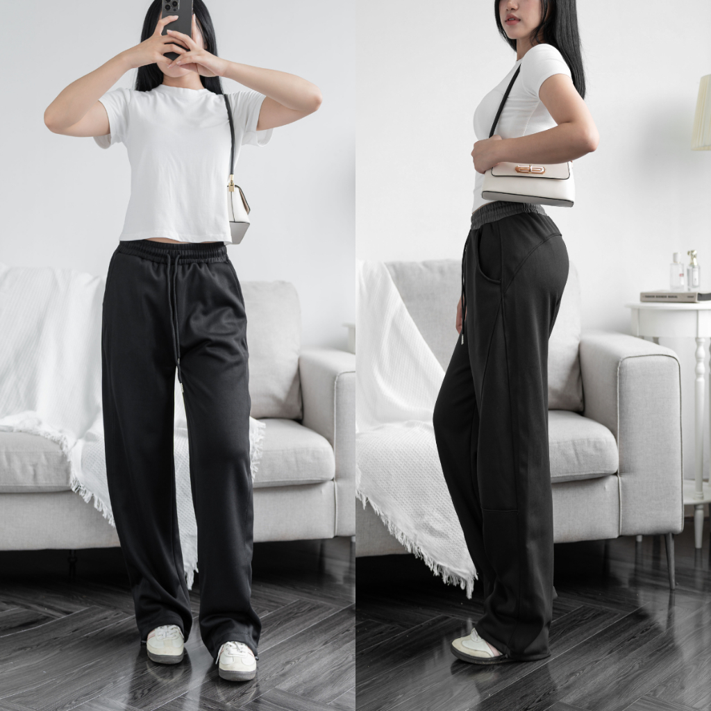 Quần Ống Rộng Nỉ 2 Da Ép Mịn Chun Co Dãn Dày Dặn, Quần Nữ Form Rộng Nỉ Bông Mặc Thu Đông | BigBuy360 - bigbuy360.vn