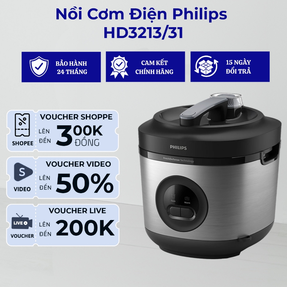 Nồi Cơm Điện Philips HD3213/31 1.8 Lít | 5 lớp| Nhiệt 3D Cơm Tơi Xốp Hoàn Hảo - Hàng Chính Hãng