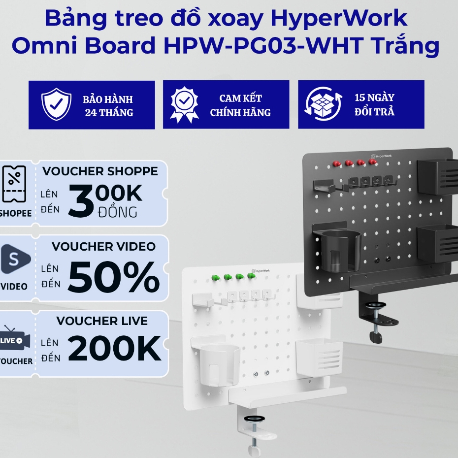 Bảng treo đồ Pegboard xoay HyperWork Omni Board PG03 (Hàng chính hãng) - Chất liệu kim loại, kẹp bàn