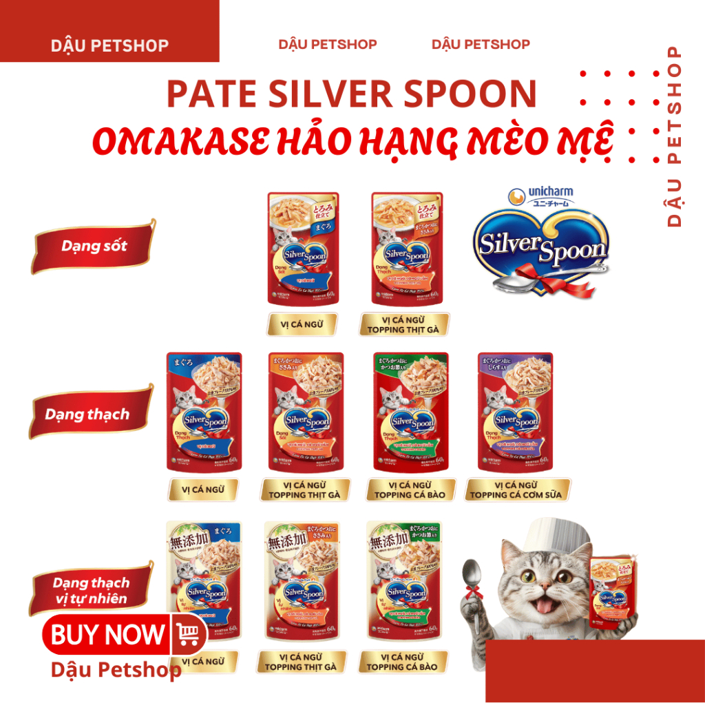 🐟 Pate Silver Spoon Cho Mèo – Dạng Sốt & Thạch, Hương Vị Umami Nhật Bản