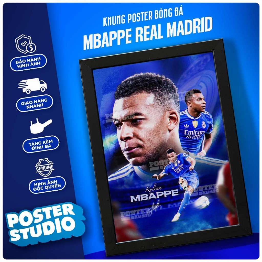 Khung ảnh poster MBAPPE REAL MADRID XANH gồm 2 kích thước để bàn A5 (18cm x 24cm), treo tường A4 (24