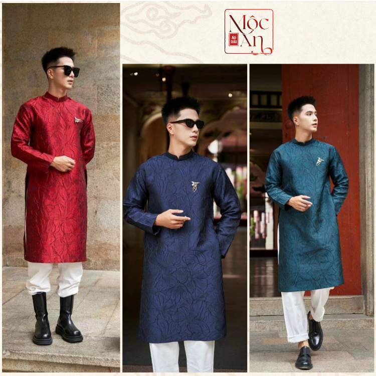 Áo Dài Cách Tân Nam Vải Gấm Vân HOA LY Kéo Khóa Sau Phom Vai Vuông Có Đệm Cầu Vai