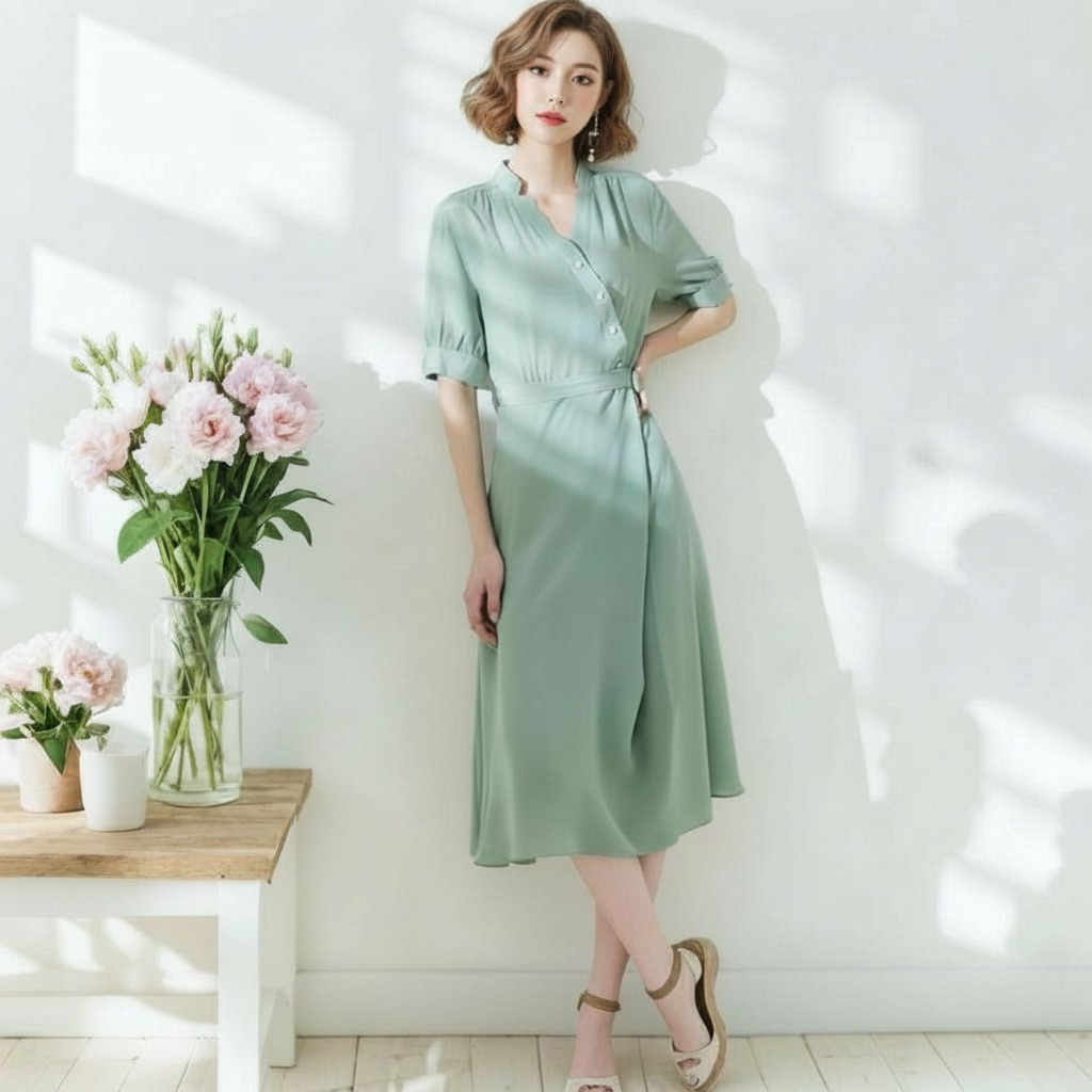 Đầm mint nút xéo, váy midi dạo phố cổ cách điệu tinh tế (kèm hình thật)