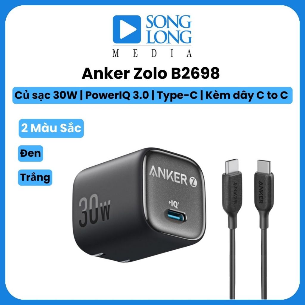 Củ sạc Anker Zolo B2698 (kèm dây C to C) 30W PowerIQ 3.0 chính hãng phân phối