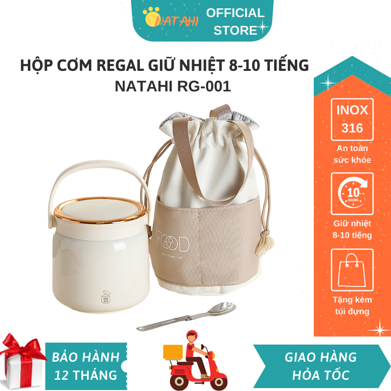 Hộp cơm giữ nhiệt 8-10 tiếng Regal NATAHI RG-001 Inox 316 cao cấp, dung tích 1.2L tặng kèm Túi và Th