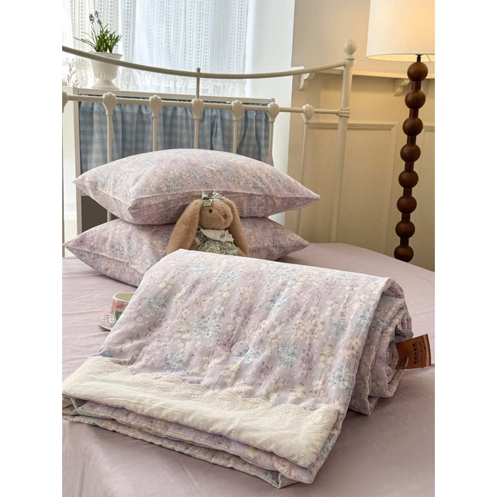 Set Ga Gối Cotton Nguyên Chất Ren 2 Lớp Chăn Chần Sẵn Phong Cách Hàn Quốc Chic Studio