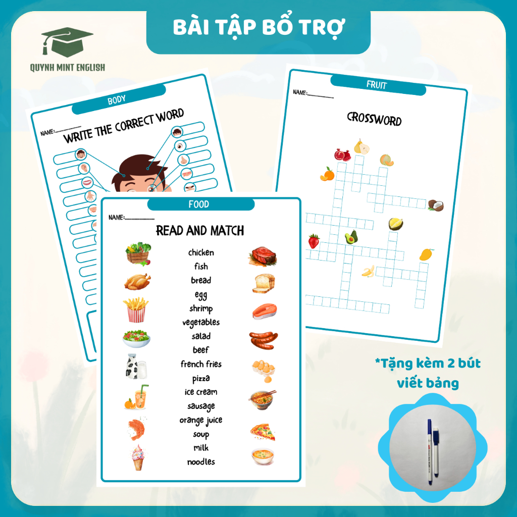 Bộ 10 trang Bài tập bổ trợ - Hỗ trợ bé học tiếng Anh 5 chủ đề: Clothes, Fruit, Food and drink, Color