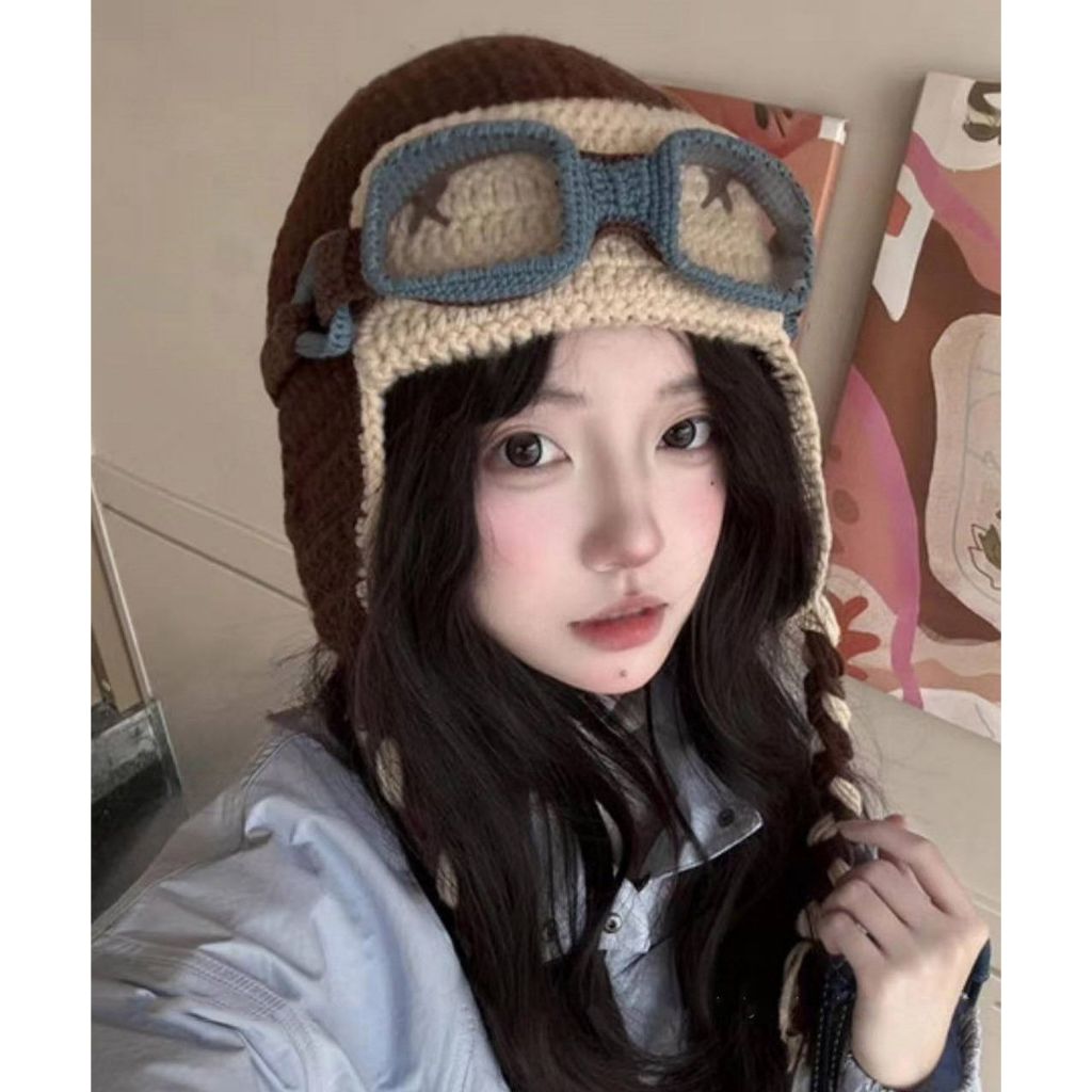 Mũ Móc Len Handmade Phi Công Vintage – Mũ Len Aviator Goggle Đeo Tai Ấm, Mũ Len Nữ Cute QyhBee