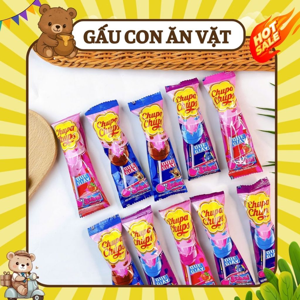 Combo 5 cái Kẹo Mút Chupa Chups Với Gum Thổi Big Babol Bên Trong Hương Cola, Việt Quất, Dâu