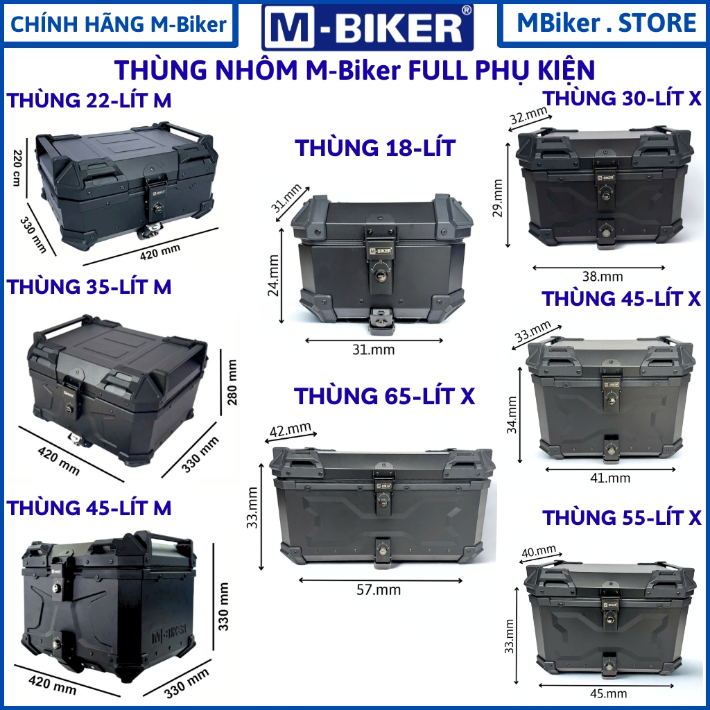 Thùng nhôm MBiker, thùng top nhôm, thùng nhôm gắn baga xe máy, thùng hông xe, chính hãng MBIKER