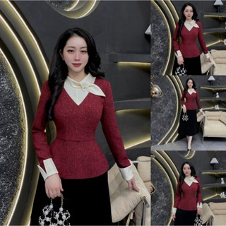  G171 - Váy Thiết Kế Evii dành cho nữ Đầm thiết kế cổ trụ nơ liền phối dạ tiêu Peplum liền thân dáng A dài 