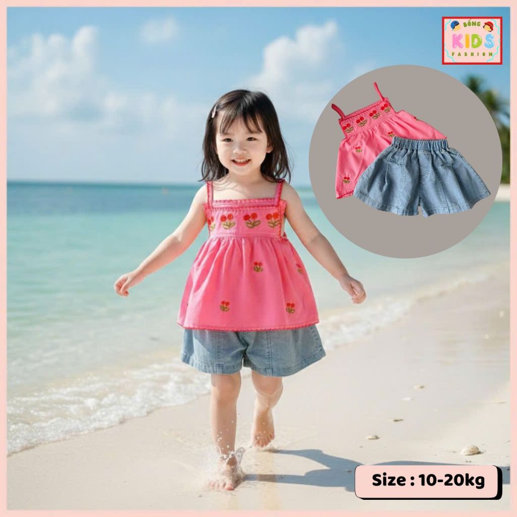 Set đồ bé gái,đồ bộ bé gái áo 2 dây thêu cherry phối quần jean size từ 10 đến 20kg Bống-Kids Fashion
