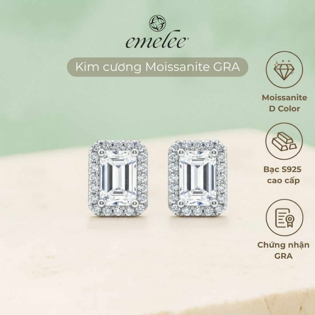 Emelee – Bông tai Moissanite bạc S925 Emerald Cut, viên chủ 1ct – 2ct – 4ct FS