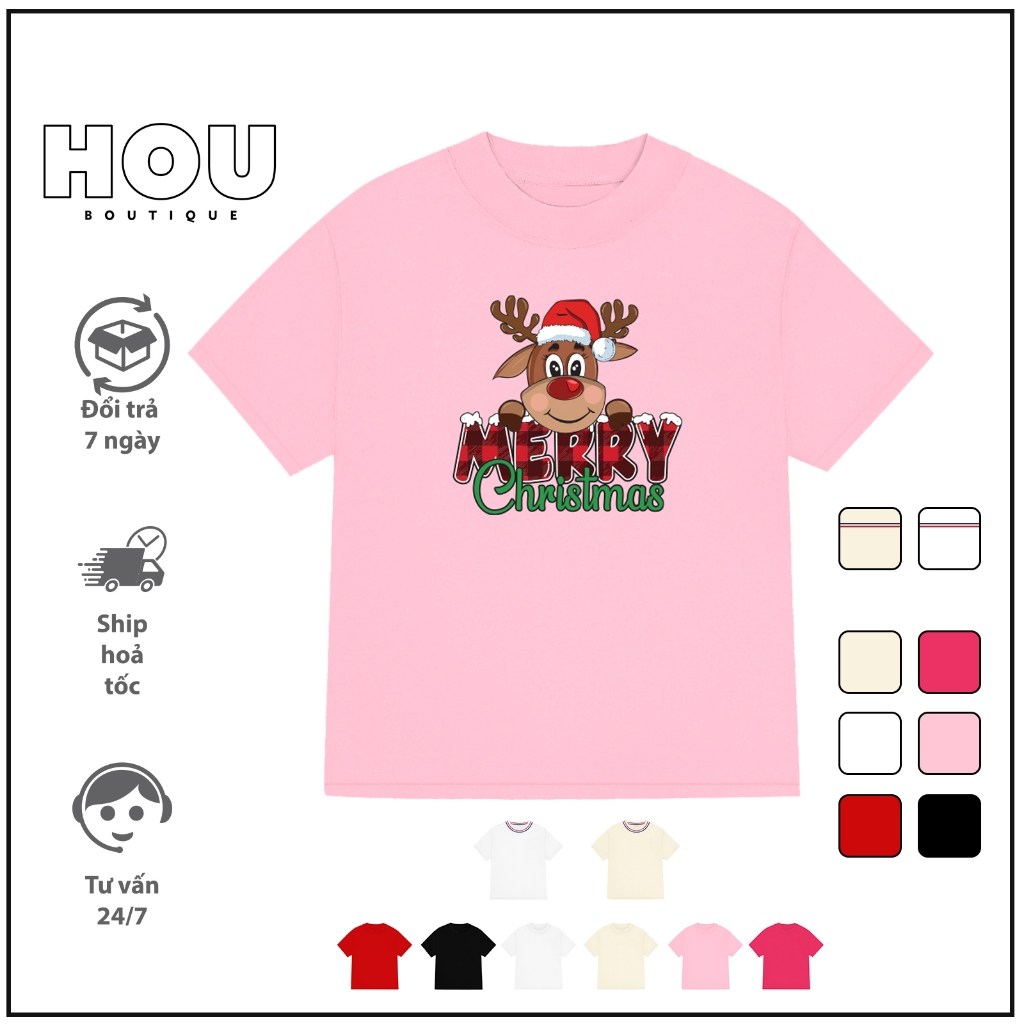 [Hàng Mới] Áo Thun Nữ Babytee Dáng Vừa, Thun Cotton 2 Chiều, Cổ Tròn HOU boutique Mẫu Giáng Sinh ( A