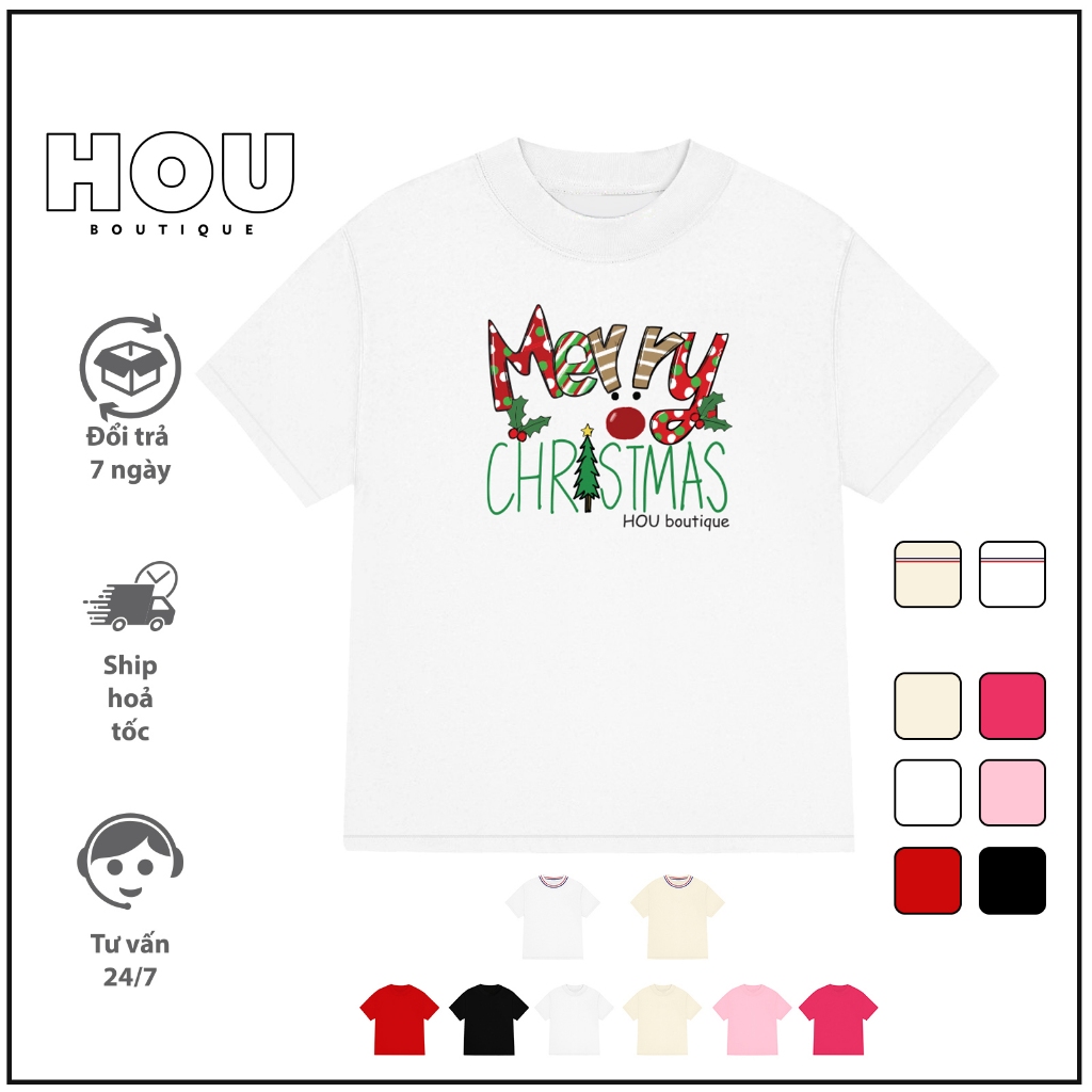 [Hàng Mới] Áo Thun Nữ Babytee Dáng Vừa, Thun Cotton 2 Chiều, Cổ Tròn HOU boutique Mẫu Giáng Sinh ( A