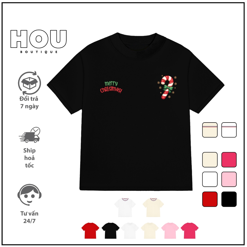 [Hàng Mới] Áo Thun Nữ Babytee Dáng Vừa, Thun Cotton 2 Chiều, Cổ Tròn HOU boutique Mẫu Giáng Sinh ( A