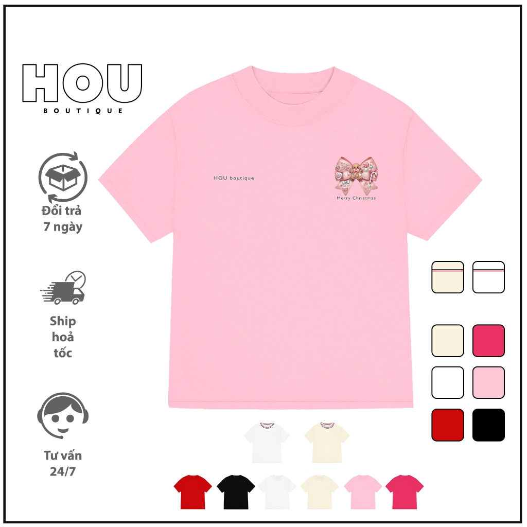 [Hàng Mới] Áo Thun Nữ Babytee Dáng Vừa, Thun Cotton 2 Chiều, Cổ Tròn HOU boutique Mẫu Giáng Sinh ( A