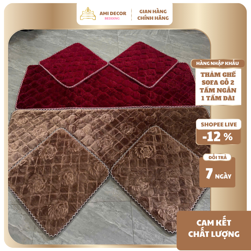 Đệm trải ghế nỉ nhung trần hoa 3 món 1 dài 2 ngắn, thảm trải ghế gỗ, trường kỷ kích thước dài 1m7 rộ