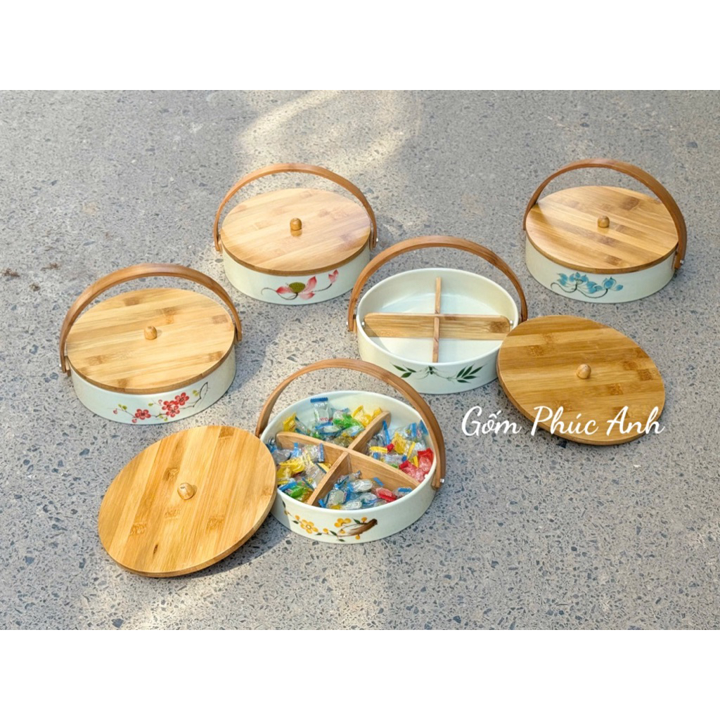 ✅Khay Mứt Tết✅Khay Đựng Mứt Tết Quai Gỗ,Nắp Gỗ,Thân Sứ Sang Trọng,Gốm Sứ Bát Tràng Cao Cấp