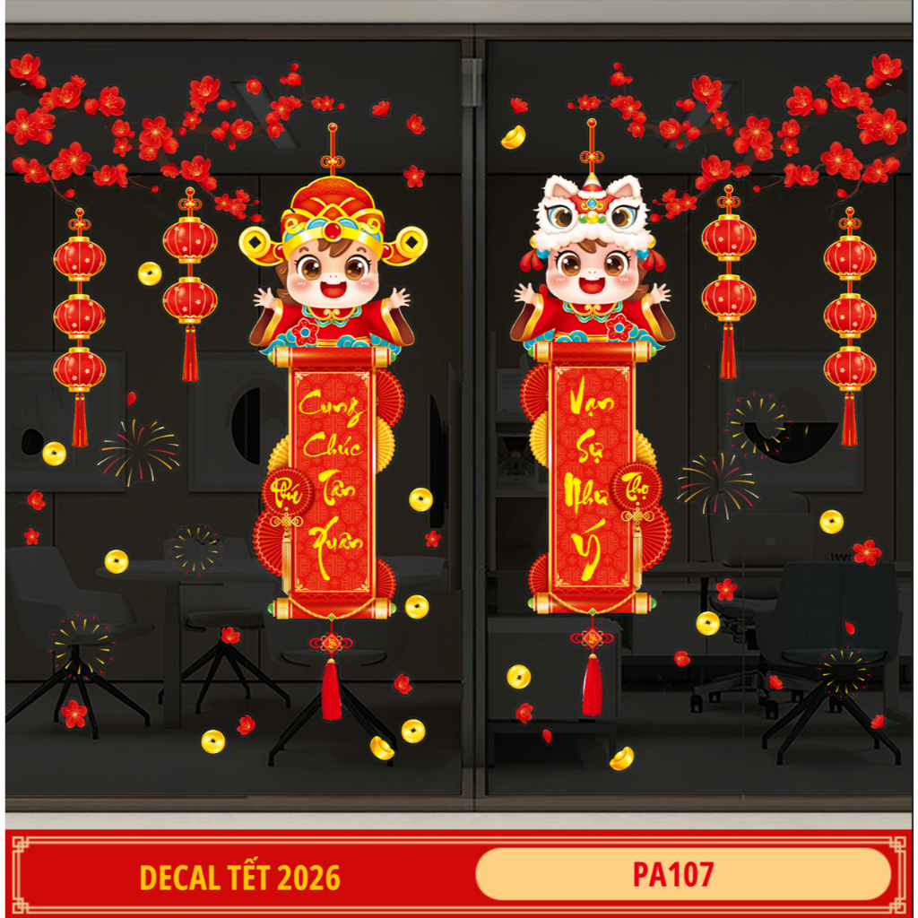 TĨNH ĐIỆN - HCM HOẢ TỐC -Decal Tết 2026, Decal Trang Trí Tết Dán Kính 2 Mặt, Tết BÍNH NGỌ (2 câu đối