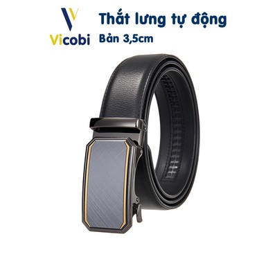 Dây thắt lưng nam da bò Vicobi TLE8V viền Vàng, dây nịt khóa tự động bản 3,5cm