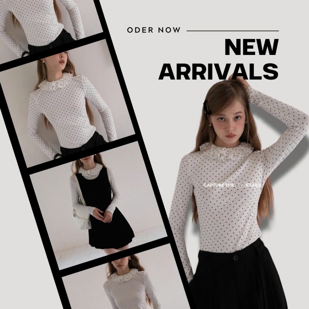 (ORDER) Áo Thun Dệt Kim EGGKA Nữ Tay Dài Họa Tiết Chấm Bi Cổ Lá Sen Bèo Nhún - Áo Dáng Ôm Phong Cách