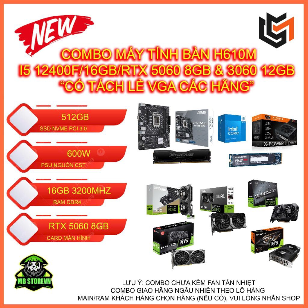 Combo H610| I5 12400F| 16GB| RTX 5060 8GB | RTX 3060 12GB - Có Tách Lẻ