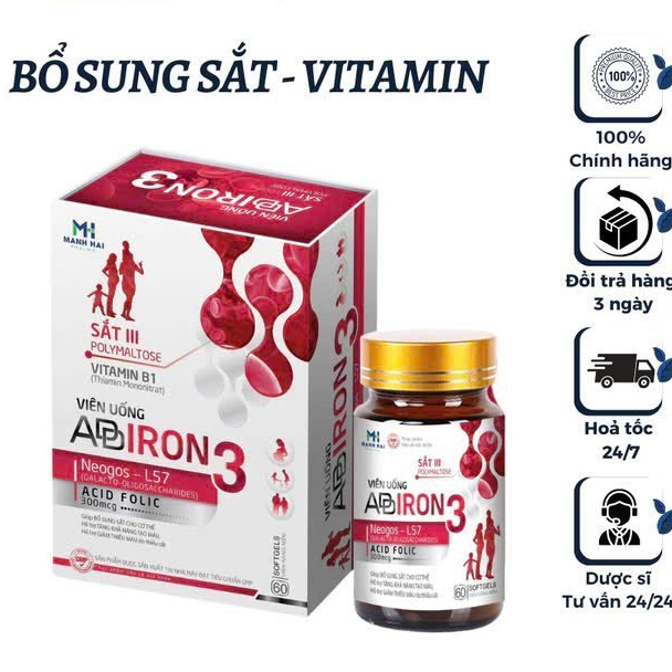 VIÊN UỐNG ADDIRON3 HỘP 60 VIÊN Bổ Sung Sắt Vitamin B12, B9, B1,B6,Acid Folic CHO CƠ THỂ
