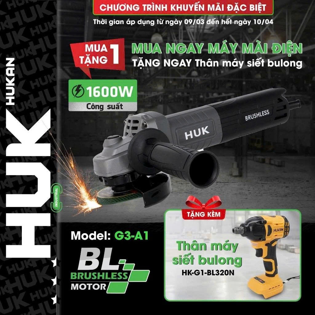[Tặng siết BL320N] Máy mài không than HUKAN G3-A1 / Công suất khủng 1600W / Chống khởi động lại / Kh