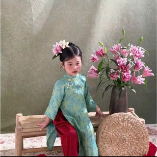 Áo Dài Tết Mẹ Và Bé Chất Liệu Gấm Thọ Cao Cấp Tay Loe Cổ V2p Dáng Cách Tân Đính Charm Hoa-"Thủy Yên"